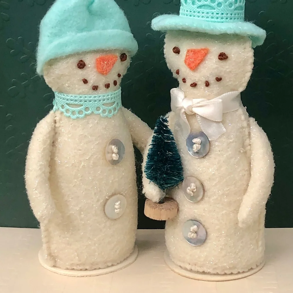 Snowman Art Doll Coastal Felt Hand-sewn aqua top hat handmade
